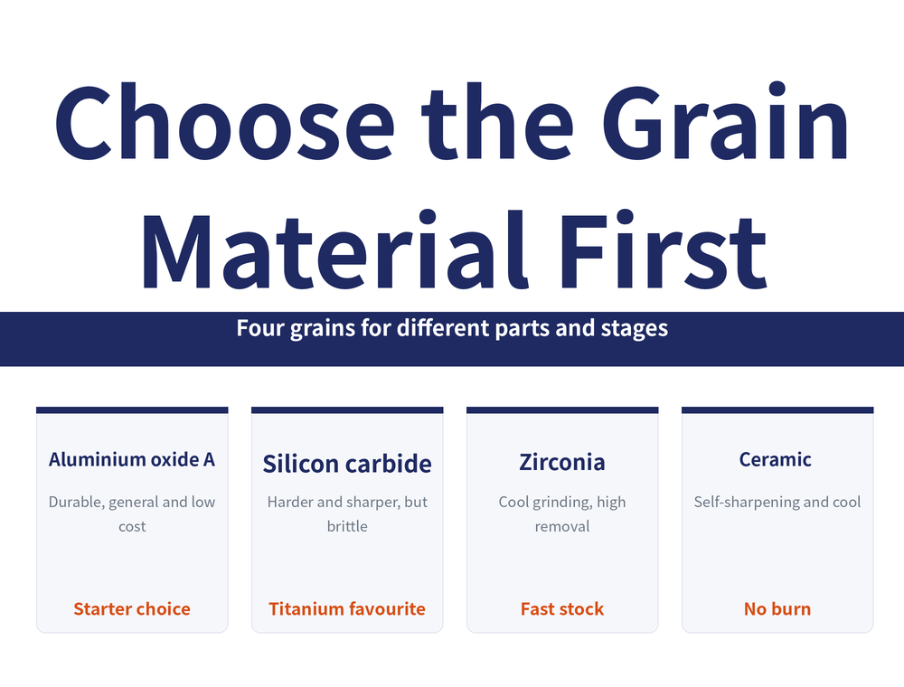 Choosing an Abrasive Grain reading-guide hero image. Title: "Choose the Grain Material First". Banner: "Four grains for different parts and stages". Four cards in order: Aluminium oxide A (Durable, general and low cost; Starter choice); Silicon carbide (Harder and sharper, but brittle; Titanium favourite); Zirconia (Cool grinding, high removal; Fast stock); Ceramic (Self-sharpening and cool; No burn)