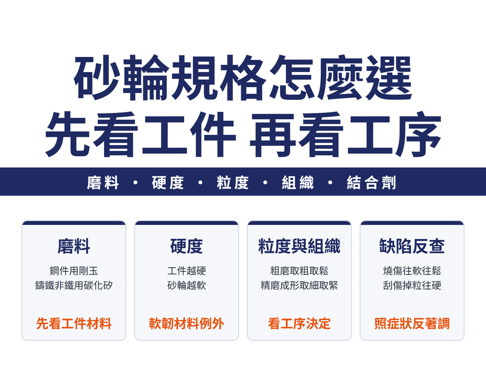 砂輪規格怎麼選首圖:主標〈砂輪規格怎麼選／先看工件 再看工序〉,導線帶〈磨料・硬度・粒度・組織・結合劑〉;四張速覽卡——磨料(鋼件用剛玉／鑄鐵非鐵用碳化矽/橘字:先看工件材料)、硬度(工件越硬／砂輪越軟/橘字:軟韌材料例外)、粒度與組織(粗磨取粗取鬆／精磨成形取細取緊/橘字:看工序決定)、缺陷反查(燒傷往軟往鬆／刮傷掉粒往硬/橘字:照症狀反著調)