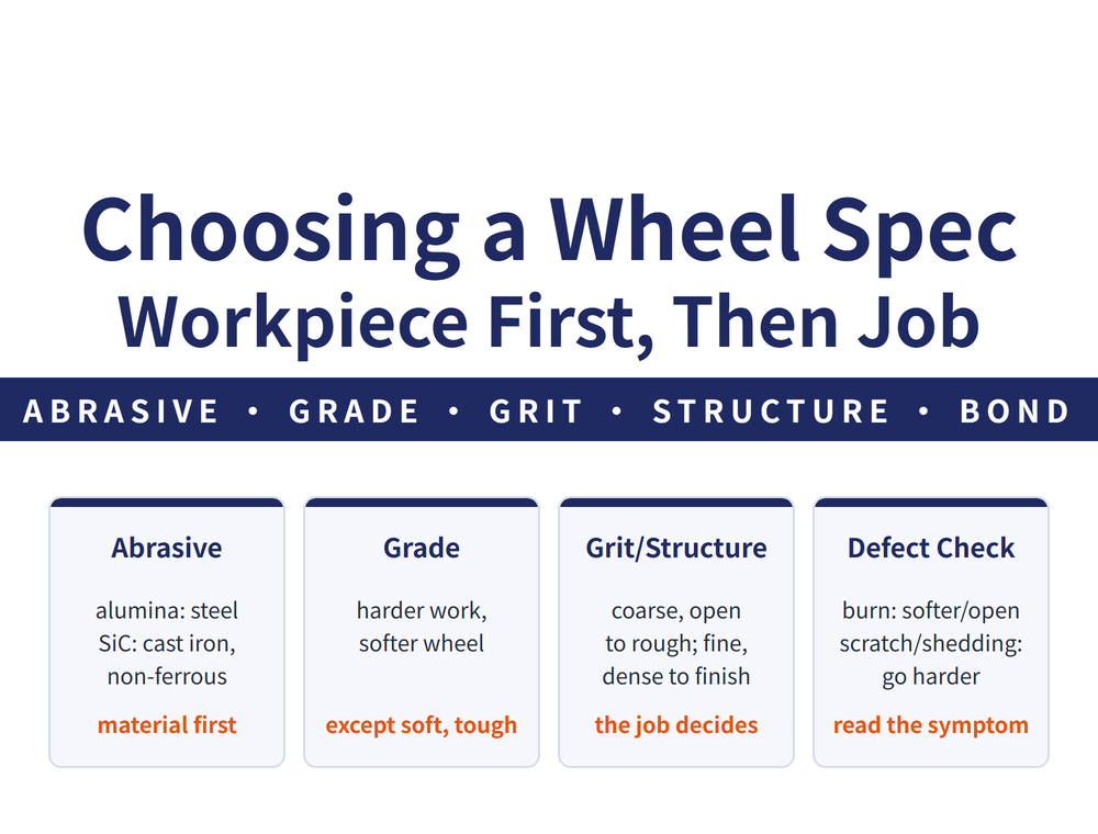 Grinding wheel spec selection hero: main title Choosing a Wheel Spec / Workpiece First, Then Job; ribbon ABRASIVE, GRADE, GRIT, STRUCTURE, BOND; four quick cards - Abrasive (alumina: steel / SiC: cast iron, non-ferrous; orange: material first), Grade (harder work, softer wheel; orange: except soft, tough), Grit/Structure (coarse, open to rough; fine, dense to finish; orange: the job decides), Defect Check (burn: softer/open / scratch/shedding: go harder; orange: read the symptom)