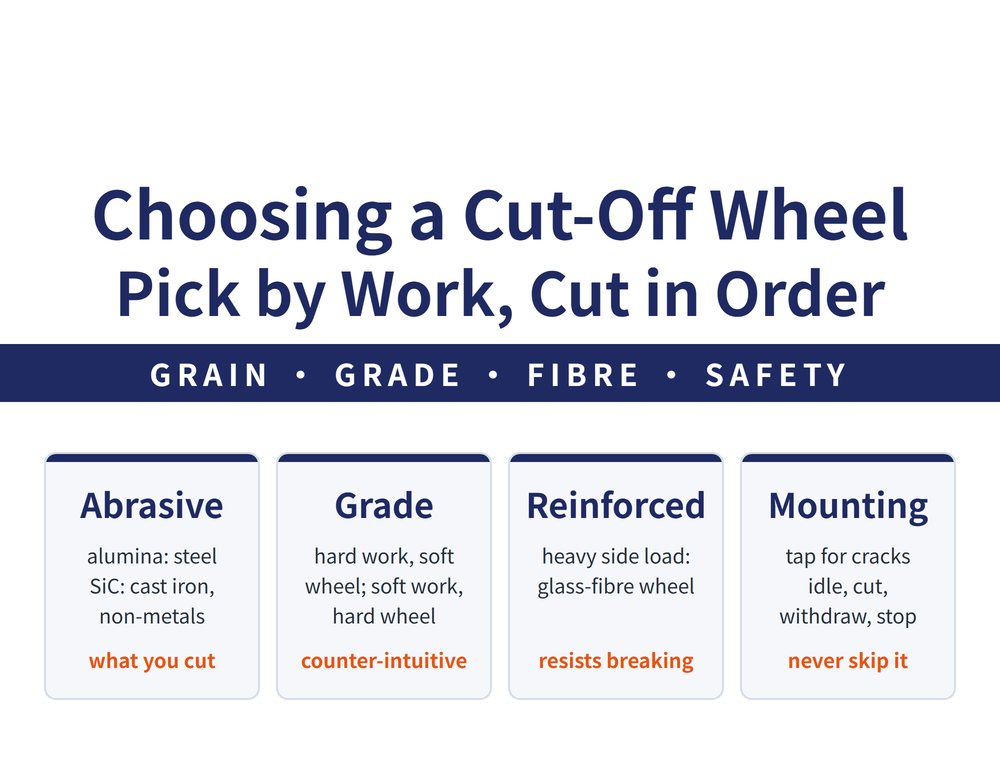 Handheld cut-off wheel hero: main title Choosing a Cut-Off Wheel / Pick by Work, Cut in Order; ribbon GRAIN, GRADE, FIBRE, SAFETY; four quick cards - Abrasive (alumina: steel / SiC: cast iron, non-metals; orange: what you cut), Grade (hard work, soft wheel; soft work, hard wheel; orange: counter-intuitive), Reinforced (heavy side load: glass-fibre wheel; orange: resists breaking), Mounting (tap for cracks / idle, cut, withdraw, stop; orange: never skip it)