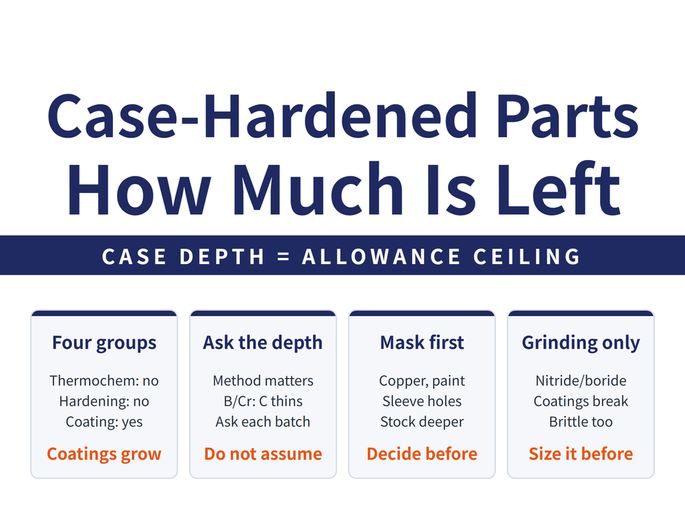 Hero card for case depth and machining allowance: headline 〈Case-Hardened Parts How Much Is Left〉, lead strip 〈CASE DEPTH = ALLOWANCE CEILING〉; four cards - Four groups (Thermochem: no; Hardening: no; Coating: yes; verdict 〈Coatings grow〉), Ask the depth (Method matters, B/Cr: C thins, Ask each batch; verdict 〈Do not assume〉), Mask first (Copper, paint; Sleeve holes; Stock deeper; verdict 〈Decide before〉), Grinding only (Nitride/boride, Coatings break, Brittle too; verdict 〈Size it before〉)
