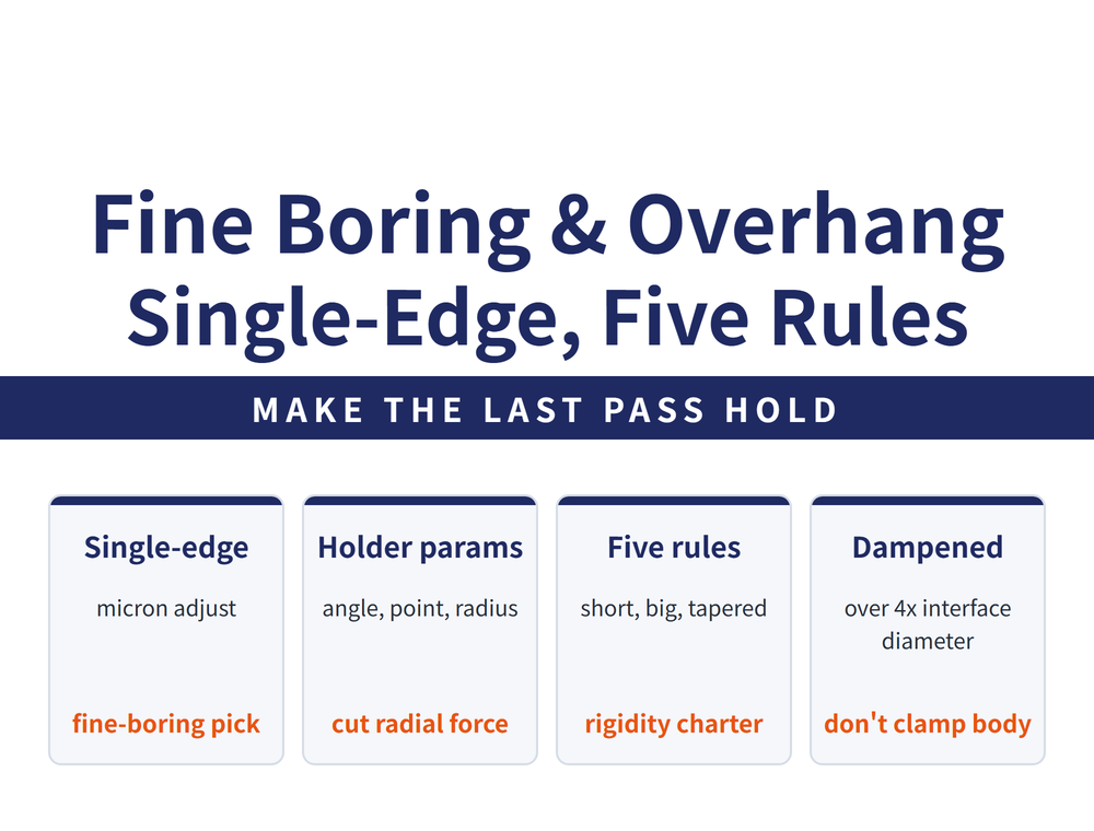 Quick-reference card on fine boring and tool overhang. Title: Fine Boring and Overhang - Single-Edge, Five Rules. Banner: Make the last pass hold. Four cards - Single-edge (micron adjustment; the pick for fine boring); Holder parameters (lead angle, point angle, nose radius; cuts radial force); Five rules (short, big, tapered adaptor; the rigidity checklist); Dampened tooling (beyond 4x interface diameter; do not clamp on the body).