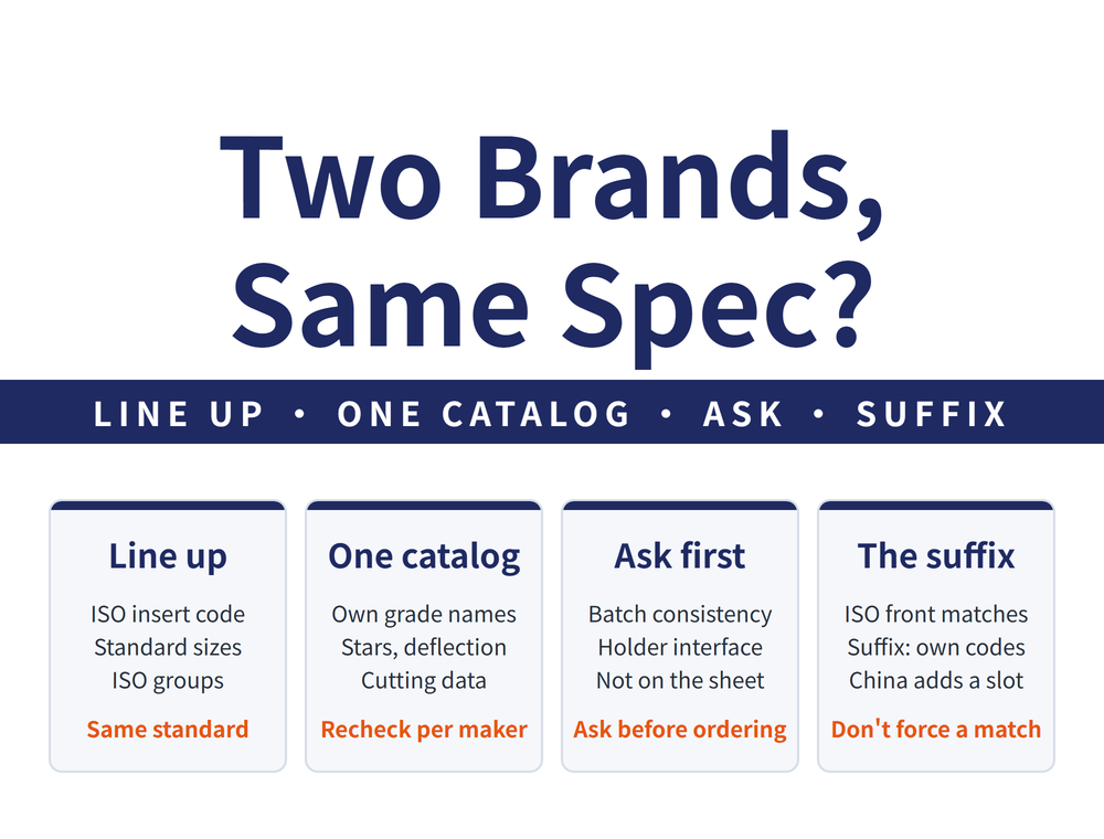 Hero image for comparing cutting tool brands: headline 'Two Brands, Same Spec?', strap 'LINE UP • ONE CATALOG • ASK • SUFFIX'; four cards - Line up (ISO insert code, Standard sizes, ISO groups; takeaway 'Same standard'), One catalog (Own grade names, Stars, deflection, Cutting data; takeaway 'Recheck per maker'), Ask first (Batch consistency, Holder interface, Not on the sheet; takeaway 'Ask before ordering'), The suffix (ISO front matches, Suffix: own codes, China adds a slot; takeaway 'Don't force a match')