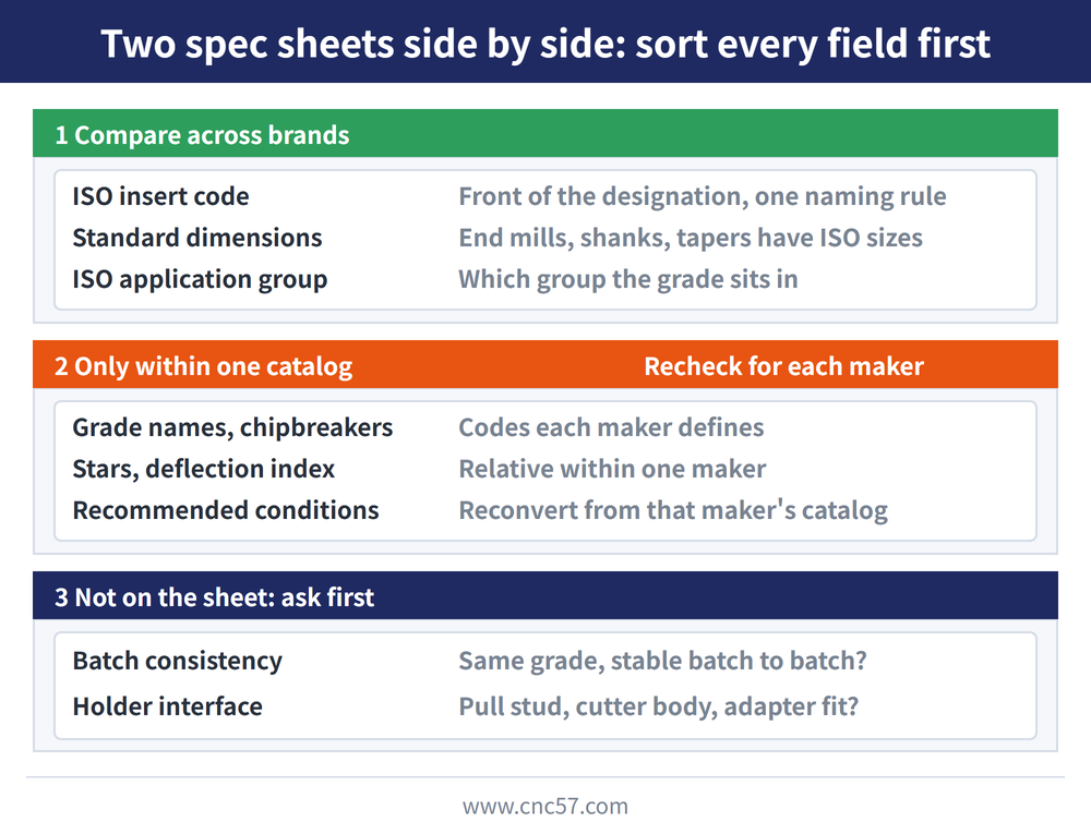 Spec sheet fields in three zones: title 'Two spec sheets side by side: sort every field first'. Green band '1 Compare across brands': ISO insert code - Front of the designation, one naming rule; Standard dimensions - End mills, shanks, tapers have ISO sizes; ISO application group - Which group the grade sits in. Orange band '2 Only within one catalog', right-hand note 'Recheck for each maker': Grade names, chipbreakers - Codes each maker defines; Stars, deflection index - Relative within one maker; Recommended conditions - Reconvert from that maker's catalog. Navy band '3 Not on the sheet: ask first': Batch consistency - Same grade, stable batch to batch?; Holder interface - Pull stud, cutter body, adapter fit?