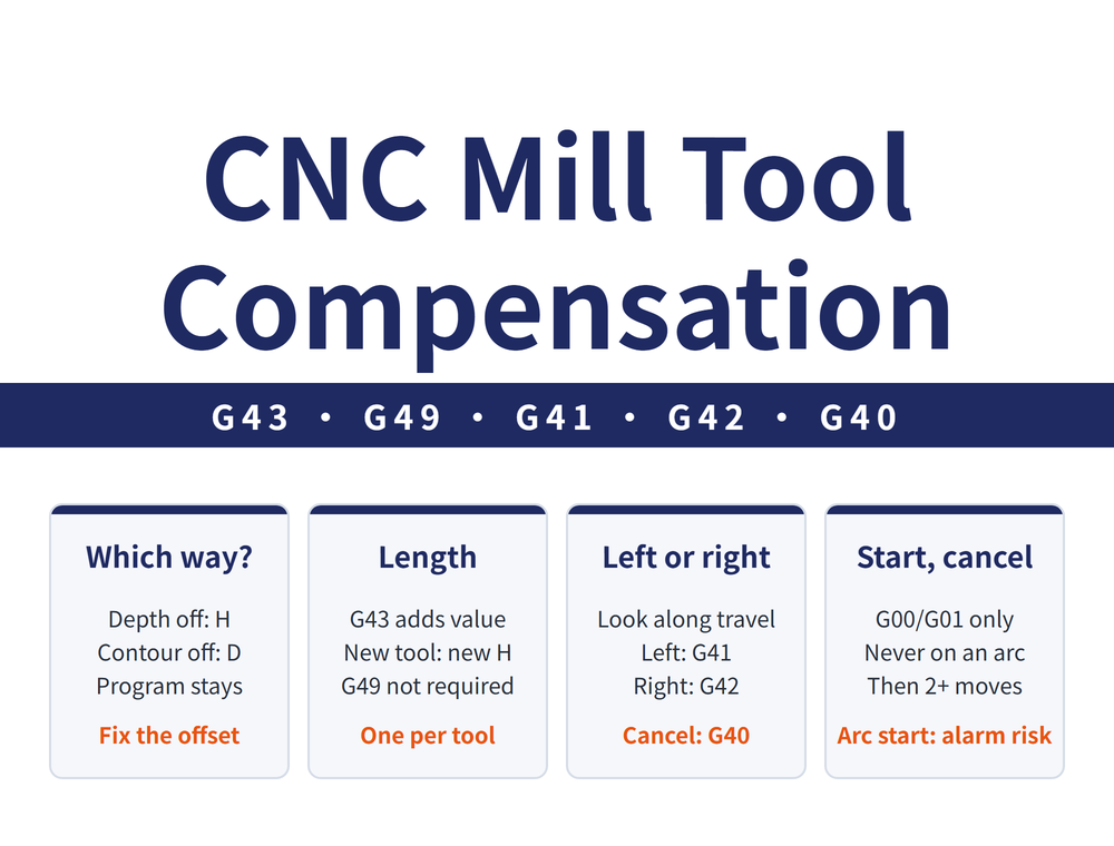 CNC mill tool compensation cover image: headline CNC Mill Tool Compensation; ribbon G43 • G49 • G41 • G42 • G40; four cards - Which way? (Depth off: H, Contour off: D, Program stays; takeaway Fix the offset), Length (G43 adds value, New tool: new H, G49 not required; takeaway One per tool), Left or right (Look along travel, Left: G41, Right: G42; takeaway Cancel: G40), Start, cancel (G00/G01 only, Never on an arc, Then 2+ moves; takeaway Arc start: alarm risk)