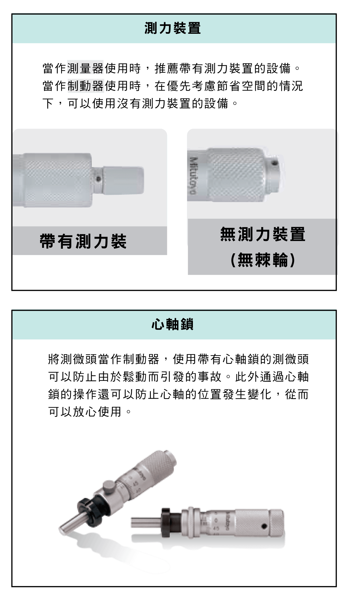 精密量儀和量具，測微頭篇，選擇的要點，如何安裝軸套?，直柄型和帶鎖緊螺母型是什麼?，常用的測量裝置平面型，直進式測微螺桿，心軸螺距，測力裝置，心軸鎖，工作行程，微分筒外徑優點，安裝器具的要領