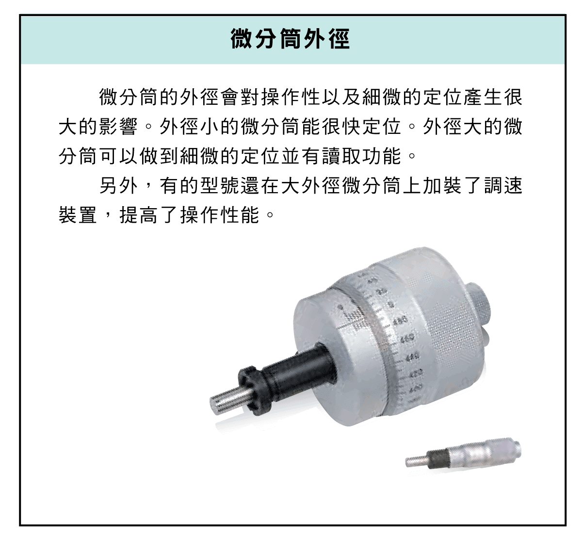 精密量儀和量具，測微頭篇，選擇的要點，如何安裝軸套?，直柄型和帶鎖緊螺母型是什麼?，常用的測量裝置平面型，直進式測微螺桿，心軸螺距，測力裝置，心軸鎖，工作行程，微分筒外徑優點，安裝器具的要領