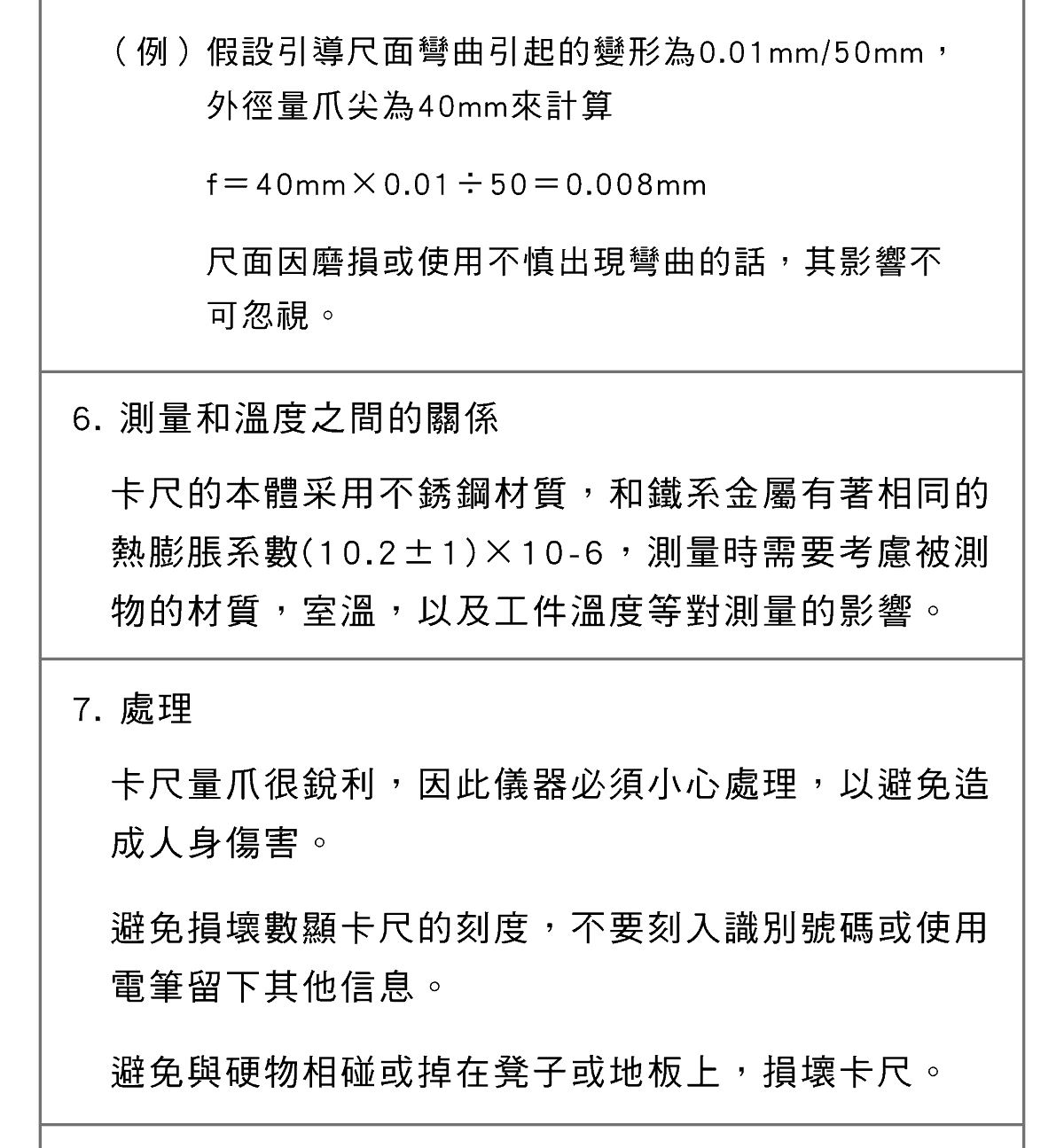精密量儀、量具，通用卡尺篇， M形標準遊標卡尺的各部位名稱和說明、ABS數位顯卡尺介紹，特殊用途卡尺的應用，關於長卡尺，CM型卡尺內徑的測量，一般卡尺的使用注意事項 